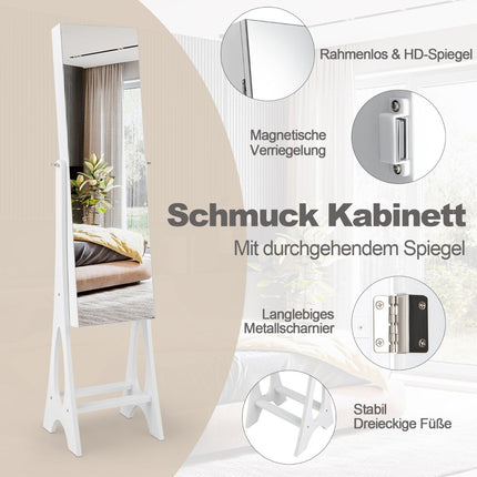 2 in 1 Schmuckschrank Standspiegel mit 12 LEDs Abschließbarer Spiegelschrank mit Ganzkörperspiegel weiß