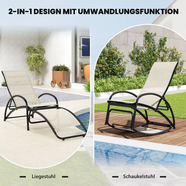 2 in 1 Sonnenliege umbaubarer Schaukelstuhl mit verstellbarer Rückenlehne und geschwungenen Armlehnen beige