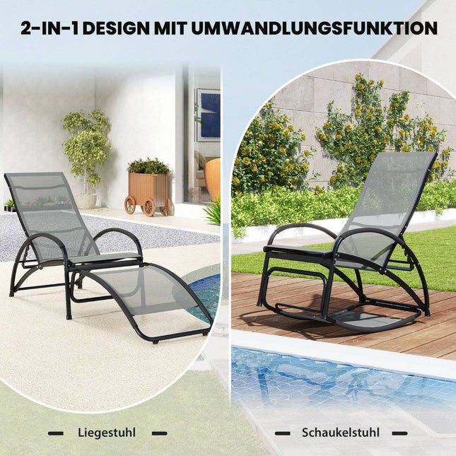 2 in 1 Sonnenliege umbaubarer Schaukelstuhl mit verstellbarer Rückenlehne und geschwungenen Armlehnen grau