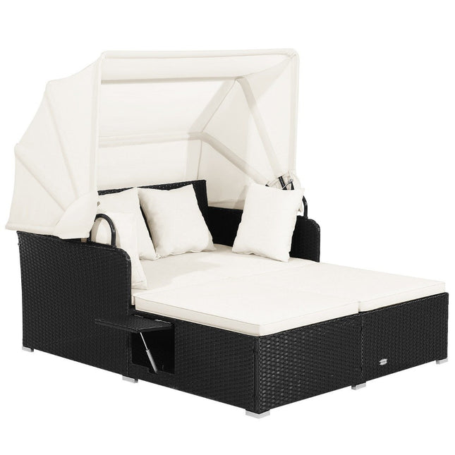 Bain de soleil en rotin pour 2 personnes avec auvent rétractable, plateau et coussins pliables