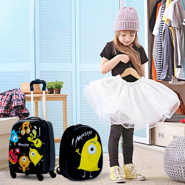 Valise de voyage pour enfants 2 pièces avec image de monstre, valise pour enfants + sac à dos noir