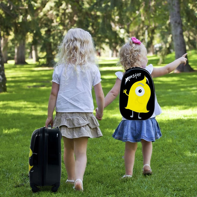 Valise de voyage pour enfants 2 pièces avec image de monstre, valise pour enfants + sac à dos noir