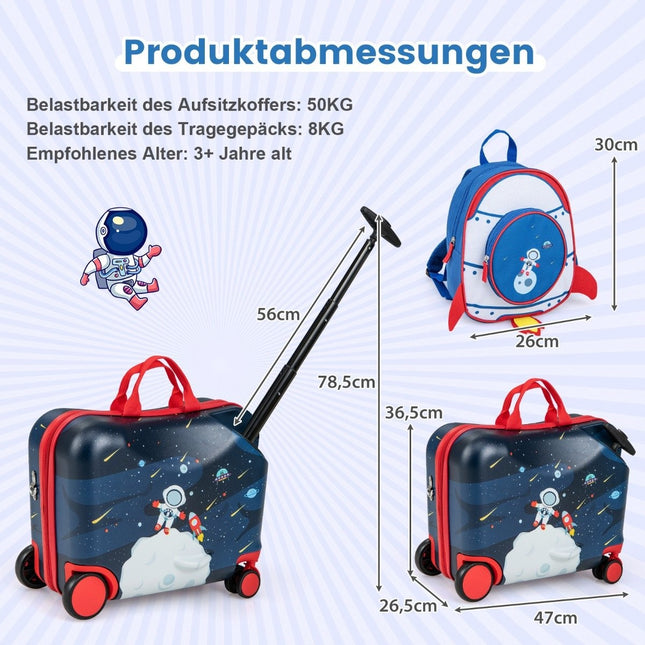 2-teiliger Kinderkoffer + Rucksack 47 cm langer Aufsitzkoffer und 30 cm breiter Rucksack 12"+18" Astronauten