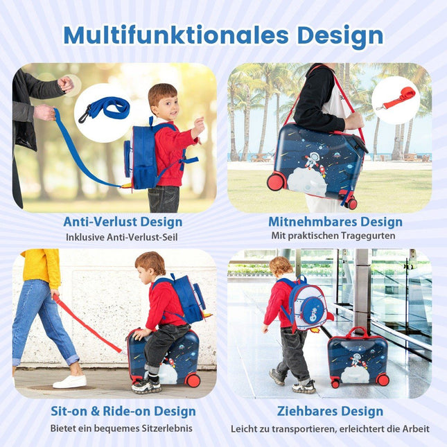 2-teiliger Kinderkoffer + Rucksack 47 cm langer Aufsitzkoffer und 30 cm breiter Rucksack 12"+18" Astronauten