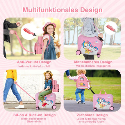 2-piece children's suitcase + backpack 47 cm long ride-on suitcase and 30 cm wide backpack pink unicorn