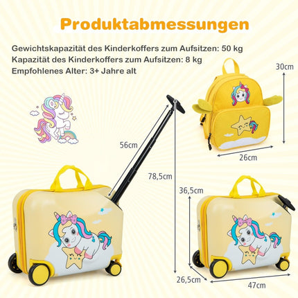2-teiliger Kinderkoffer + Rucksack 47 cm langer Aufsitzkoffer und 30 cm breiter Rucksack gelbes Einhorn