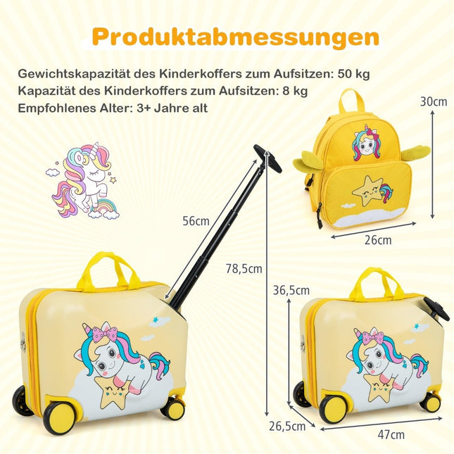 Valise enfant 2 pièces + sac à dos Valise à roulettes de 47 cm de long et sac à dos de 30 cm de large licorne jaune