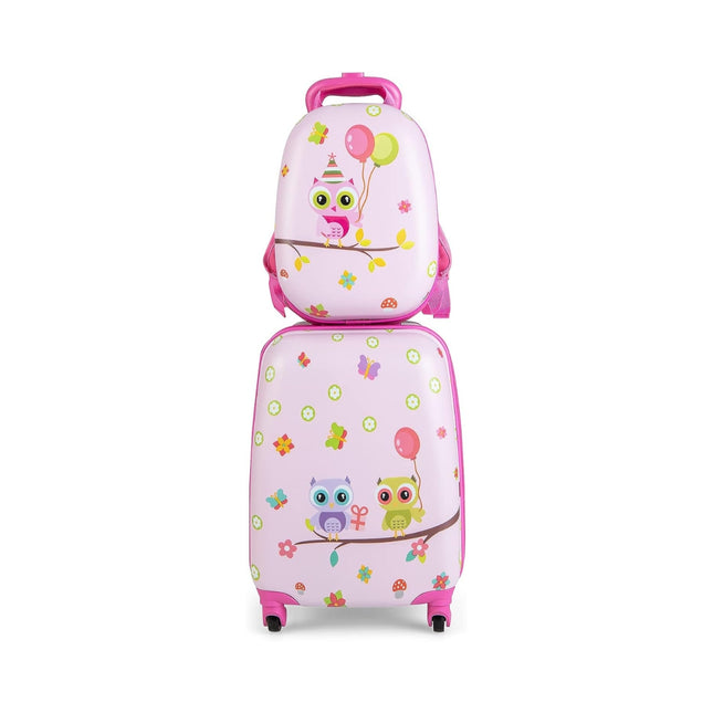 Valise enfant 2 pièces + sac à dos en plastique trolley enfant 12"+16" oiseaux roses