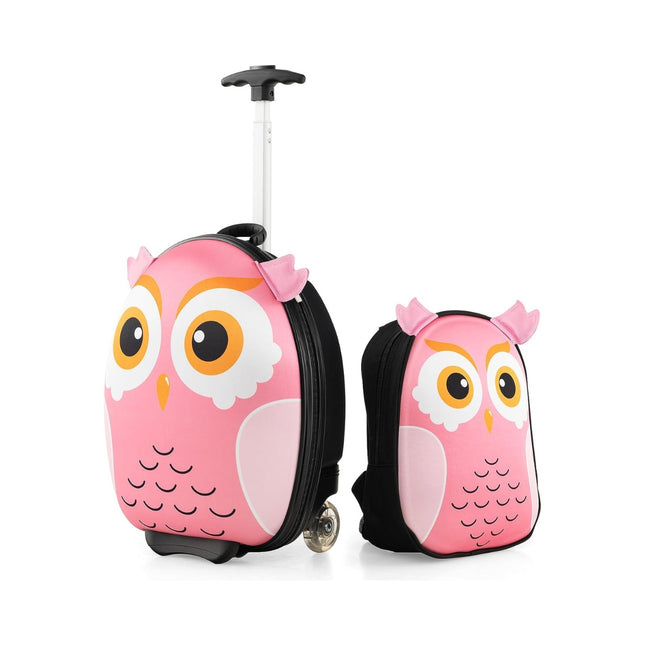 Valise & sac à dos enfant 2 pièces à roulettes & poignée télescopique 3 étages 12"+16" trolley enfant hibou