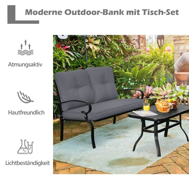 2-Sitzer Gartenbank mit Couchtisch Bank mit Kissen grau &amp; schwarz