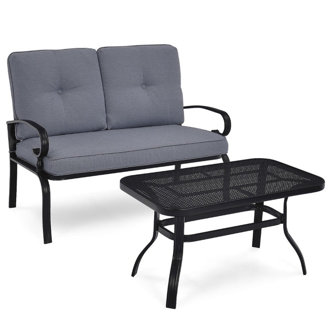 2-Sitzer Gartenbank mit Couchtisch Bank mit Kissen grau &amp; schwarz