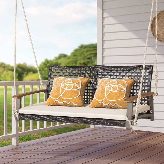 2-Sitzer Hollywoodschaukel mit Auflagen PE-Rattan Hängebank bis 360 kg Gartenschaukel weiß