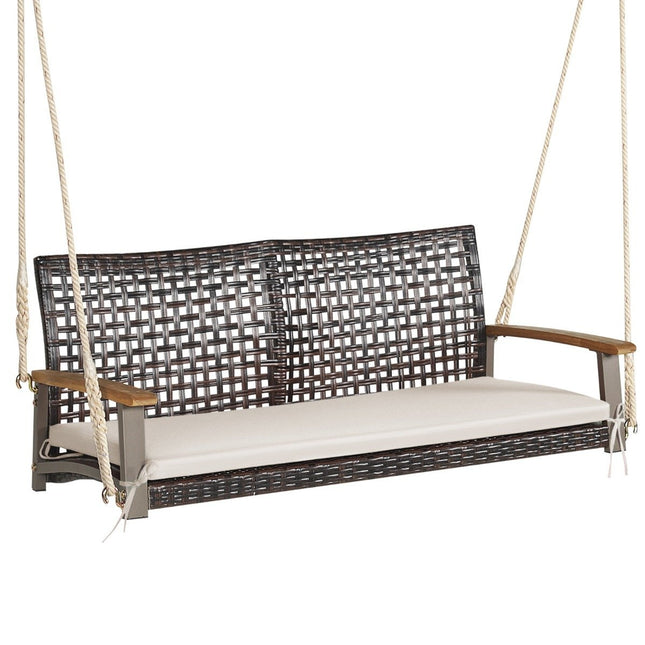 2-Sitzer Hollywoodschaukel mit Auflagen PE-Rattan Hängebank bis 360 kg Gartenschaukel weiß