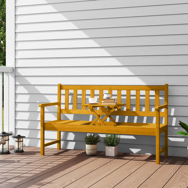 Banc de jardin 2 places en bois, banc résistant aux intempéries avec dossier et accoudoirs, capacité de charge 320 kg, 149 x 56,5 x 89 cm, teck
