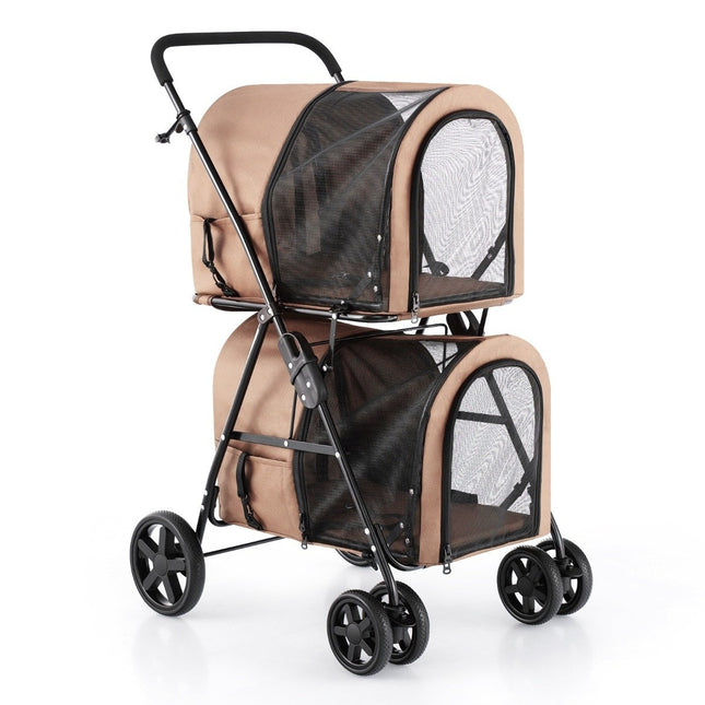 Poussette pour chien à 2 niveaux jusqu'à 16 kg poussette pour chien avec fenêtres en maille porte-gobelet beige