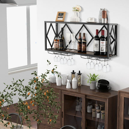 2-stöckiges Weinregal an der Wand mit Metallrahmen und 6 Reihen Weinglashalter aus Holz, Flaschenregal