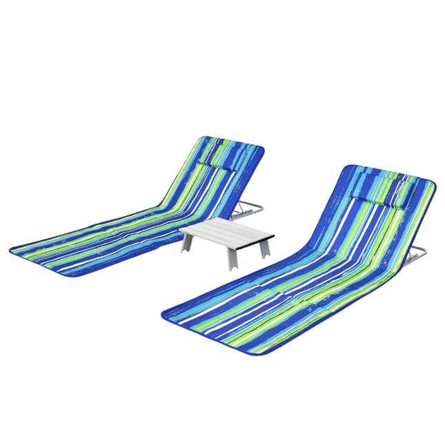 2 x Strandmatte mit Beistelltisch, verstellbar, Liegestuhl-Set, 151 x 55,5 x 27-47, Blau + Grün