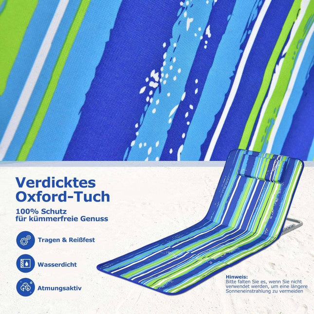 2 x Strandmatte mit Beistelltisch, verstellbar, Liegestuhl-Set, 151 x 55,5 x 27-47, Blau + Grün