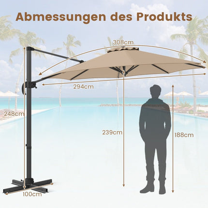 Parasol de terrasse beige de 300 cm, inclinaison réglable et rotation à 360°