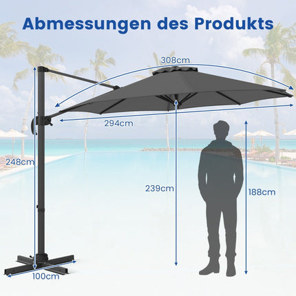 Parasol d'extérieur 300 cm, inclinaison réglable, rotation à 360°