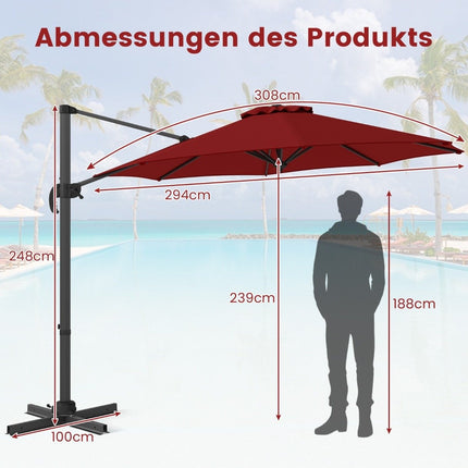 Parasol d'extérieur 300 cm, inclinaison réglable, rotation à 360°