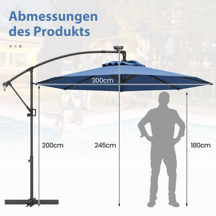 300 cm Sonnenschirm mit 32 Solar-LED-Leuchten, Blau
