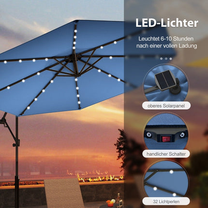 300 cm Sonnenschirm mit 32 Solar-LED-Leuchten, Blau