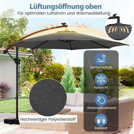 Parasol de terrasse de 300 cm avec lumières LED, inclinaison réglable