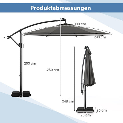 Parasol de terrasse de 300 cm avec lumières LED, inclinaison réglable
