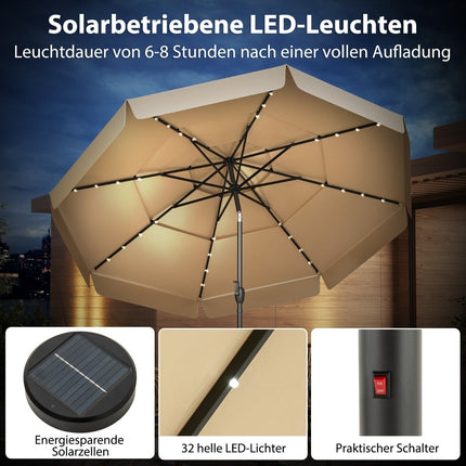 300 cm Sonnenschirm mit Solar-LED-Beleuchtung, Beige