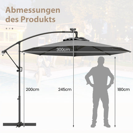 Parasol de terrasse de 300 cm avec lumières LED solaires et manivelle