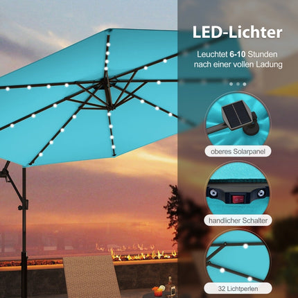 300 cm Ampelschirm mit Solar-LED-Beleuchtung und Kurbel