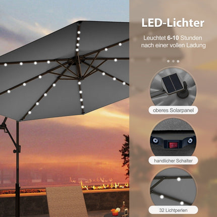 Parasol de terrasse de 300 cm avec lumières LED solaires et manivelle