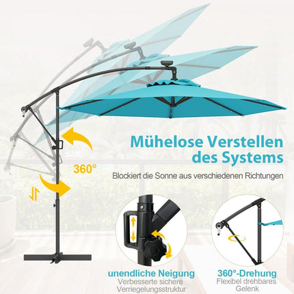 300 cm Ampelschirm mit Solar-LED-Beleuchtung und Kurbel