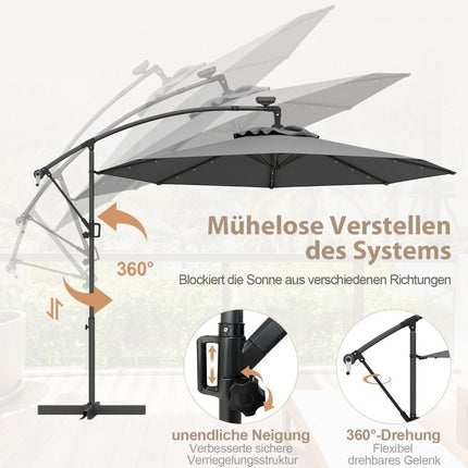 Parasol de terrasse de 300 cm avec lumières LED solaires et manivelle