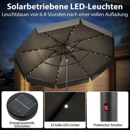 300 cm Sonnenschirm mit Solar-LED-Beleuchtung, Grau
