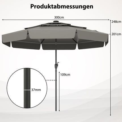 300 cm Sonnenschirm mit Solar-LED-Beleuchtung, Grau