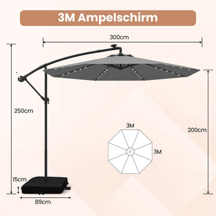 300 cm Sonnenschirm mit Solar-LED-Beleuchtung & Sandsäcken