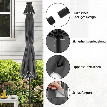 Parasol de terrasse de 300 cm avec lumières LED solaires, inclinable et manivelle