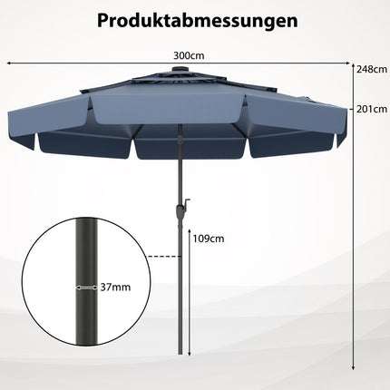 300 cm Sonnenschirm mit Solar-LED-Beleuchtung, neigbar