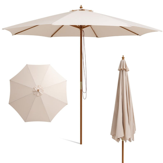 300 cm großer Holzsonnenschirm Tischschirm mit 8 Bambusstreben 300 x 300 x 262 cm beige