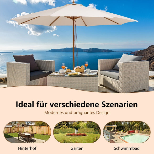 300 cm großer Holzsonnenschirm Tischschirm mit 8 Bambusstreben 300 x 300 x 262 cm beige