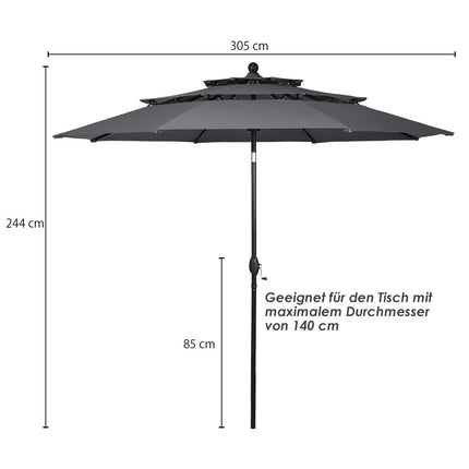 300 cm Sonnenschirm aus Aluminium mit 3-stufigem Dach, automatisch kippbarer Schirm, anthrazit
