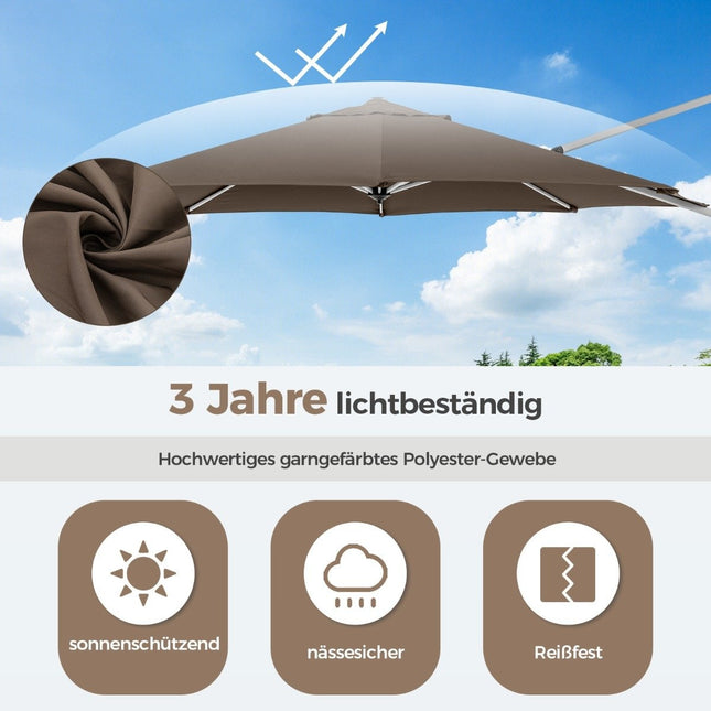 Parasol Ø 330 cm avec manivelle &amp; UPF 50+ et Parasol déporté rotatif à 360°, parasol de jardin marron
