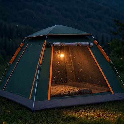 Tente 3-4 personnes à montage rapide avec auvent et protection UV