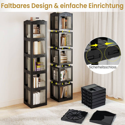 360° drehbares Bücherregal, faltbar, transparent, schwarz, 174 cm