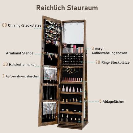 Armoire à bijoux rotative à 360° avec miroir et étagères