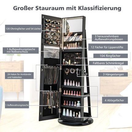360° drehbarer Schmuckschrank mit LED-Beleuchtung, Schwarz