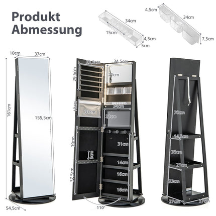360° drehbarer Schmuckschrank mit LED-Beleuchtung, Schwarz