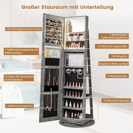360° drehbarer Schmuckschrank mit LED-Beleuchtung, Spiegel